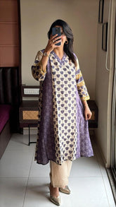 Women’s Sanganeri Block Print Cotton Kurta Pant Set with Moti & Sequin Work