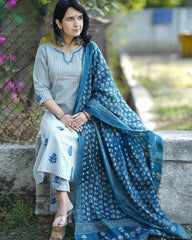 Blue Cotton Khadi Silk Floral Print Dupatta Set - Tanvi Kurti