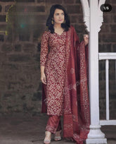 Women Cotton Red Kurta Pant with Dupatta Set