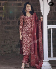 Women Cotton Red Dupatta Set - Tanvi Kurti