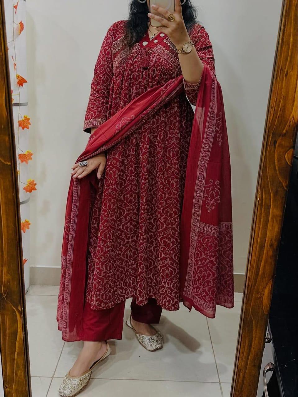 Tanvi Kurti Maroon Printed Anarkali Dupatta Set - Tanvi Kurti