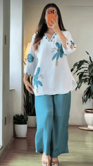 Tanvi Kurti Aqua Blue Bloom Mul Cotton Co-Ord Set