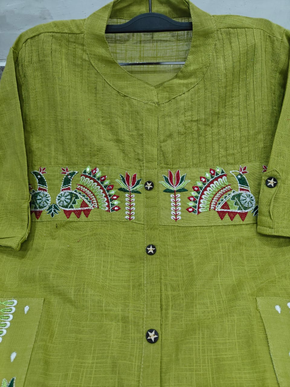 Tanvi Kurti Olive Green Mirror - Work Buttoned Co - ord Set - Tanvi Kurti