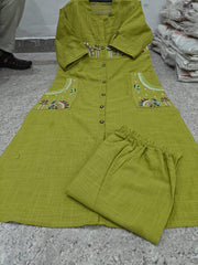 Tanvi Kurti Olive Green Mirror - Work Buttoned Co - ord Set - Tanvi Kurti