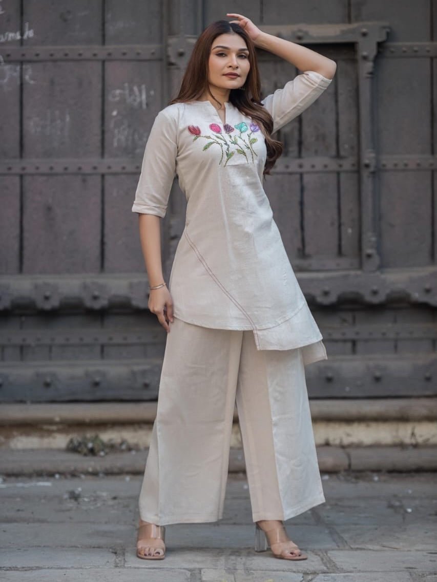 Tanvi Kurti Classic Beige Straight Kurti & Palazzo Co - ord Set - Tanvi Kurti