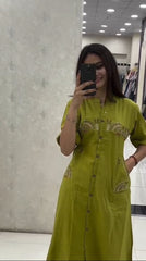 Tanvi Kurti Olive Green Mirror - Work Buttoned Co - ord Set - Tanvi Kurti