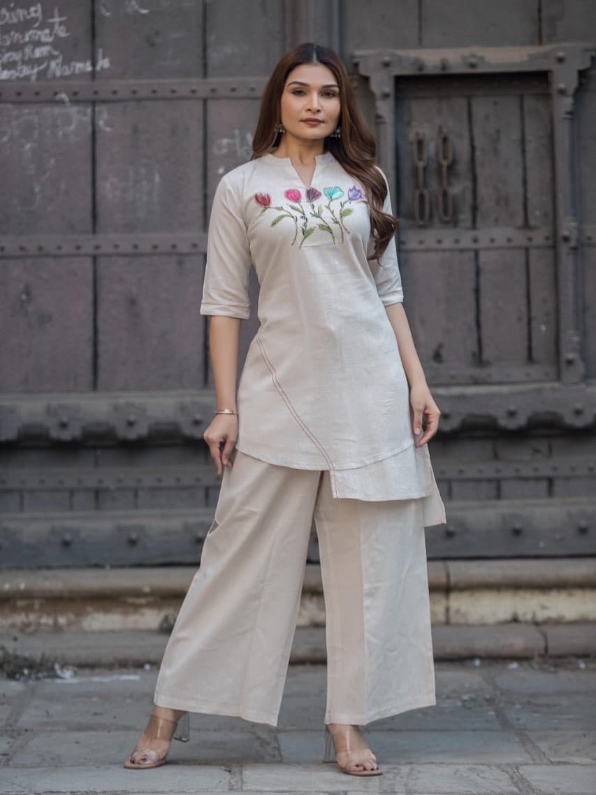 Tanvi Kurti Classic Beige Straight Kurti & Palazzo Co - ord Set - Tanvi Kurti