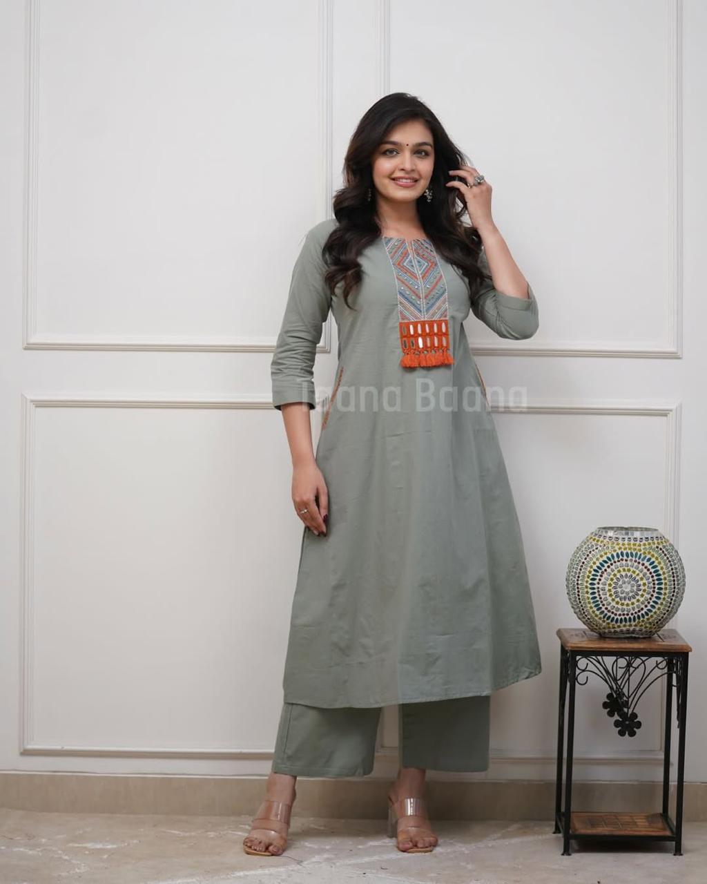 Tanvi Kurti Sage Green A - Line Kurta Set - Tanvi Kurti