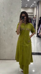Tanvi Kurti Olive Green Mirror - Work Buttoned Co - ord Set - Tanvi Kurti