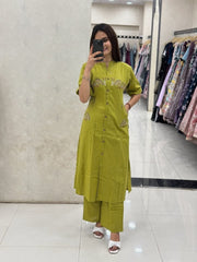 Tanvi Kurti Olive Green Mirror - Work Buttoned Co - ord Set - Tanvi Kurti