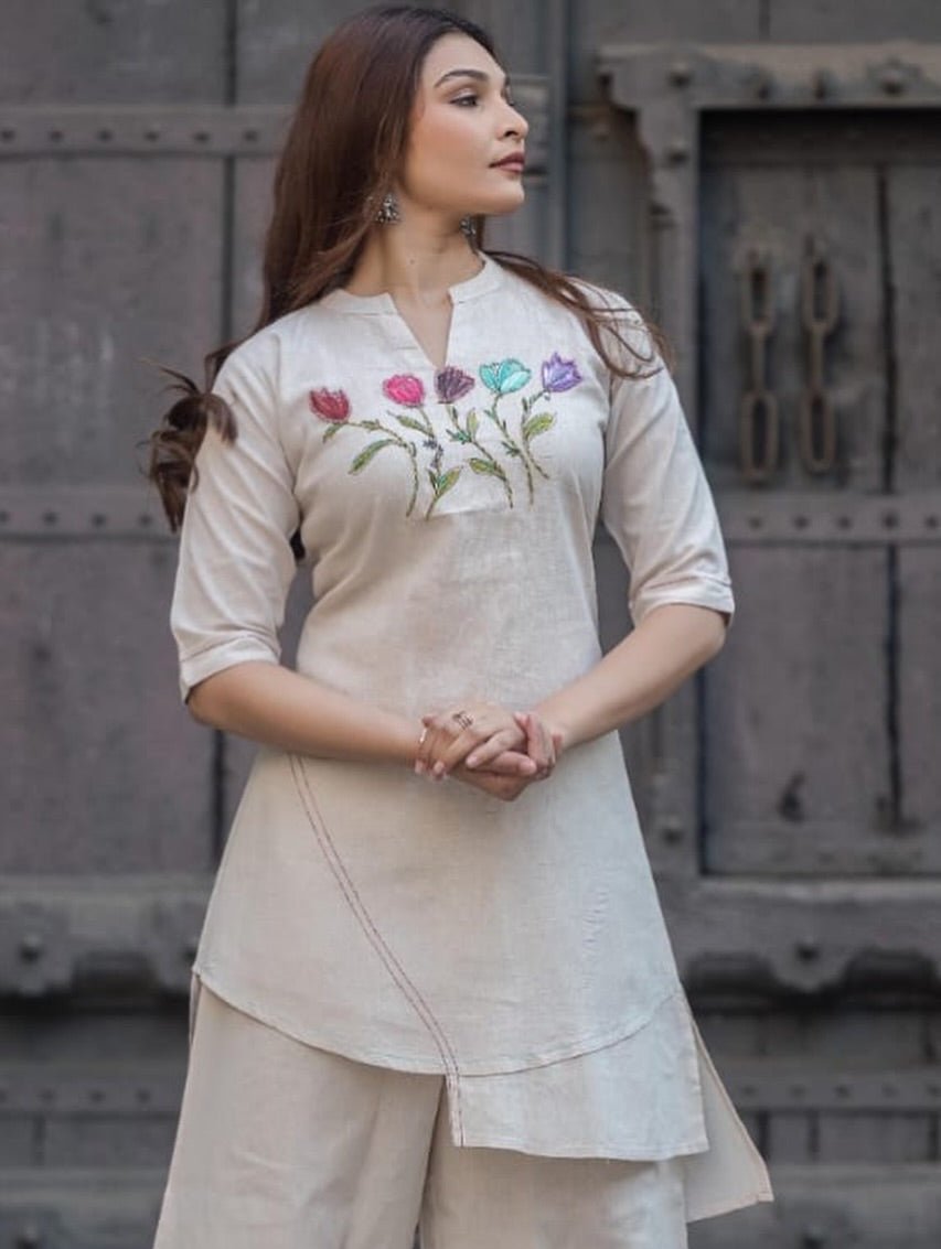 Tanvi Kurti Classic Beige Straight Kurti & Palazzo Co - ord Set - Tanvi Kurti