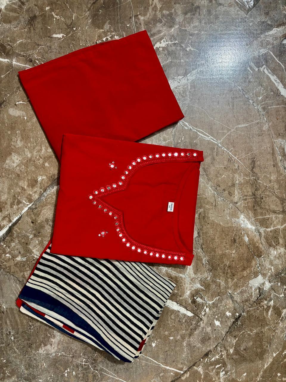 Tanvi Kurti Red Cotton Printed Dupatta Set - Tanvi Kurti