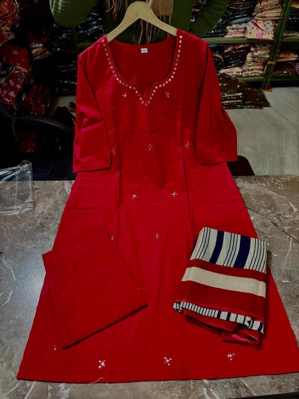 Tanvi Kurti Red Cotton Printed Dupatta Set - Tanvi Kurti