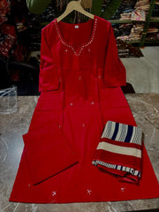 Tanvi Kurti Red Cotton Printed Dupatta Set - Tanvi Kurti