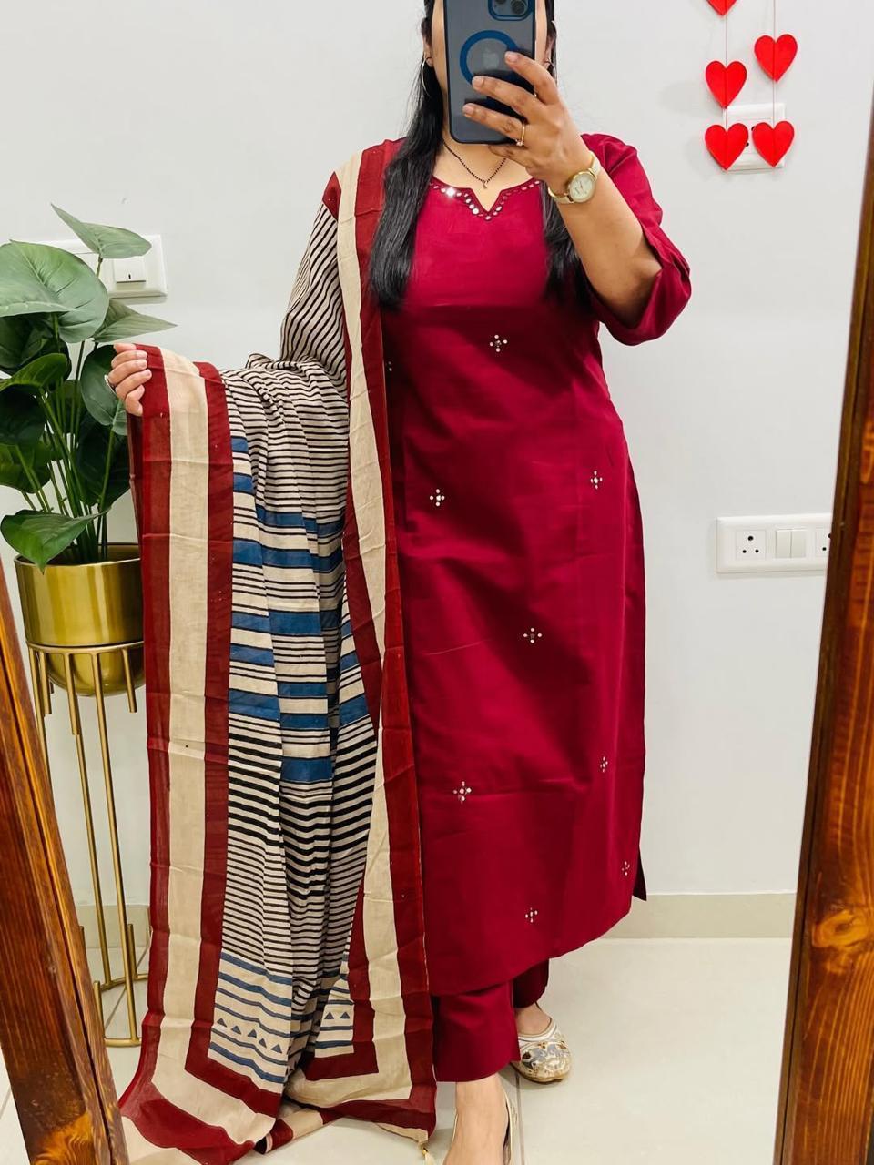 Tanvi Kurti Red Cotton Printed Dupatta Set - Tanvi Kurti
