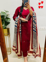 Tanvi Kurti Red Cotton Printed Dupatta Set - Tanvi Kurti