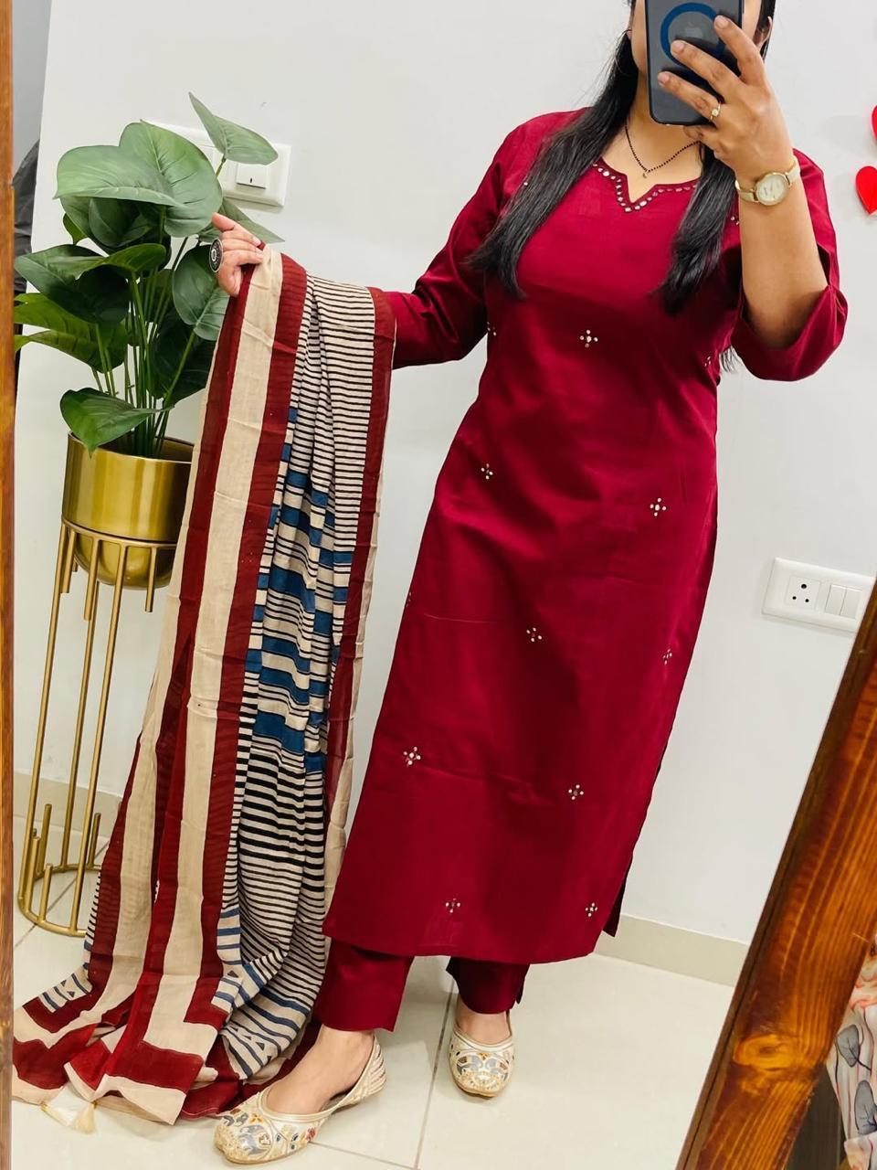 Tanvi Kurti Red Cotton Printed Dupatta Set - Tanvi Kurti