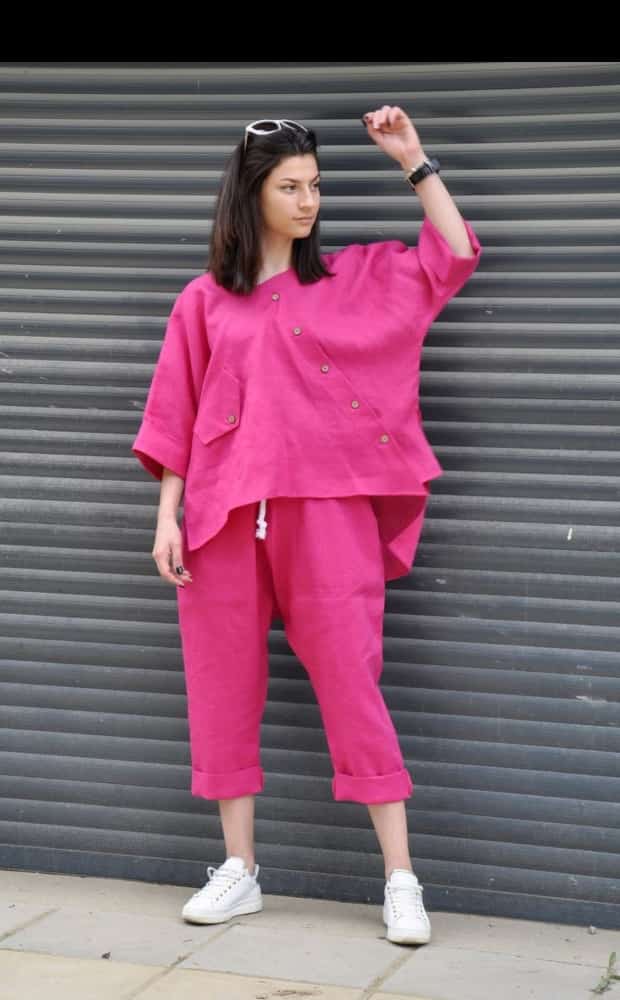 Premium Fuchsia Linen Pants Outfit Wide Pants & Shirt Tunic Top 2 Piece Set for Women