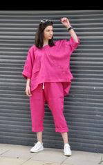 Premium Fuchsia Linen Pants Outfit Wide Pants & Shirt Tunic Top 2 Piece Set for Women