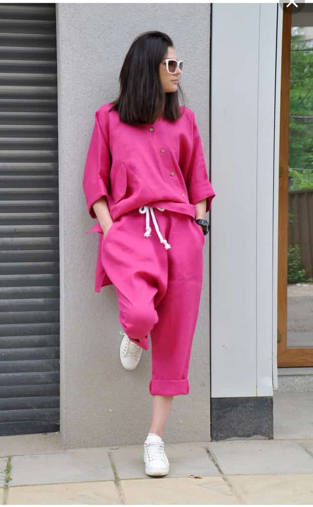 Premium Fuchsia Linen Pants Outfit Wide Pants & Shirt Tunic Top 2 Piece Set for Women