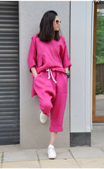 Premium Fuchsia Linen Pants Outfit Wide Pants & Shirt Tunic Top 2 Piece Set for Women