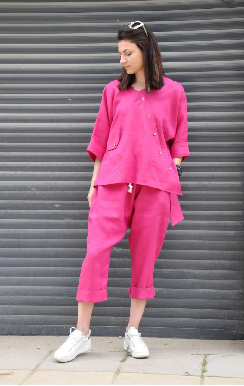 Premium Fuchsia Linen Pants Outfit Wide Pants & Shirt Tunic Top 2 Piece Set for Women