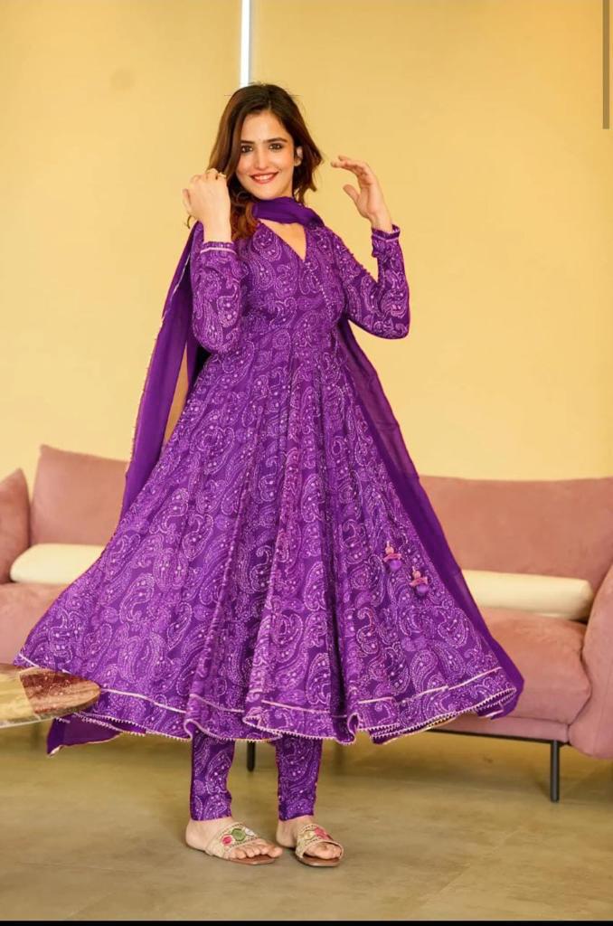 Premium Party Wear Anarkali Gown with pant and Dupatta Rayon Set