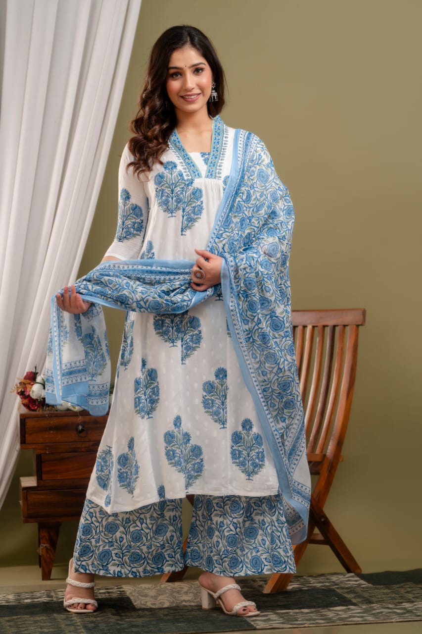 Premium Sky Blue Cotton Dupatta Set