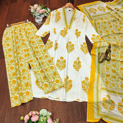 Premium Yellow Cotton Dupatta Set