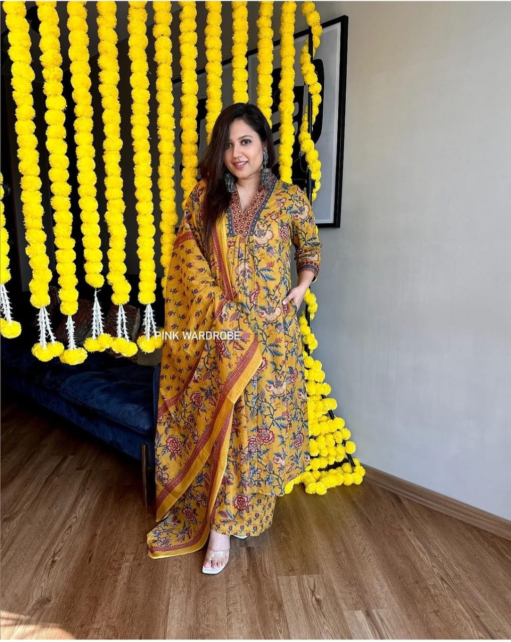 Mustard Floral Cotton Dupatta Set