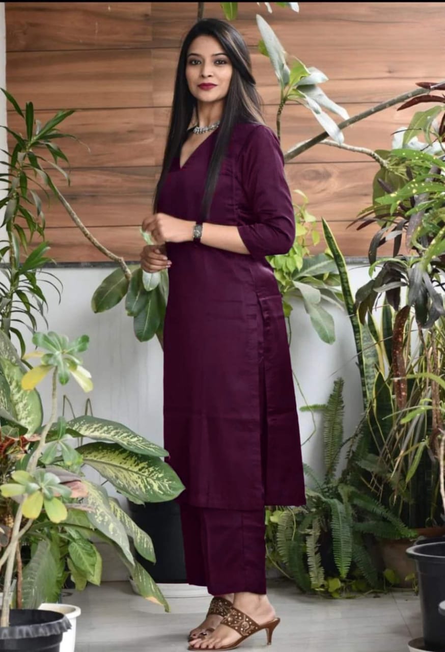 Wine Cotton Kurta Pant Set