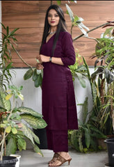 Wine Cotton Kurta Pant Set