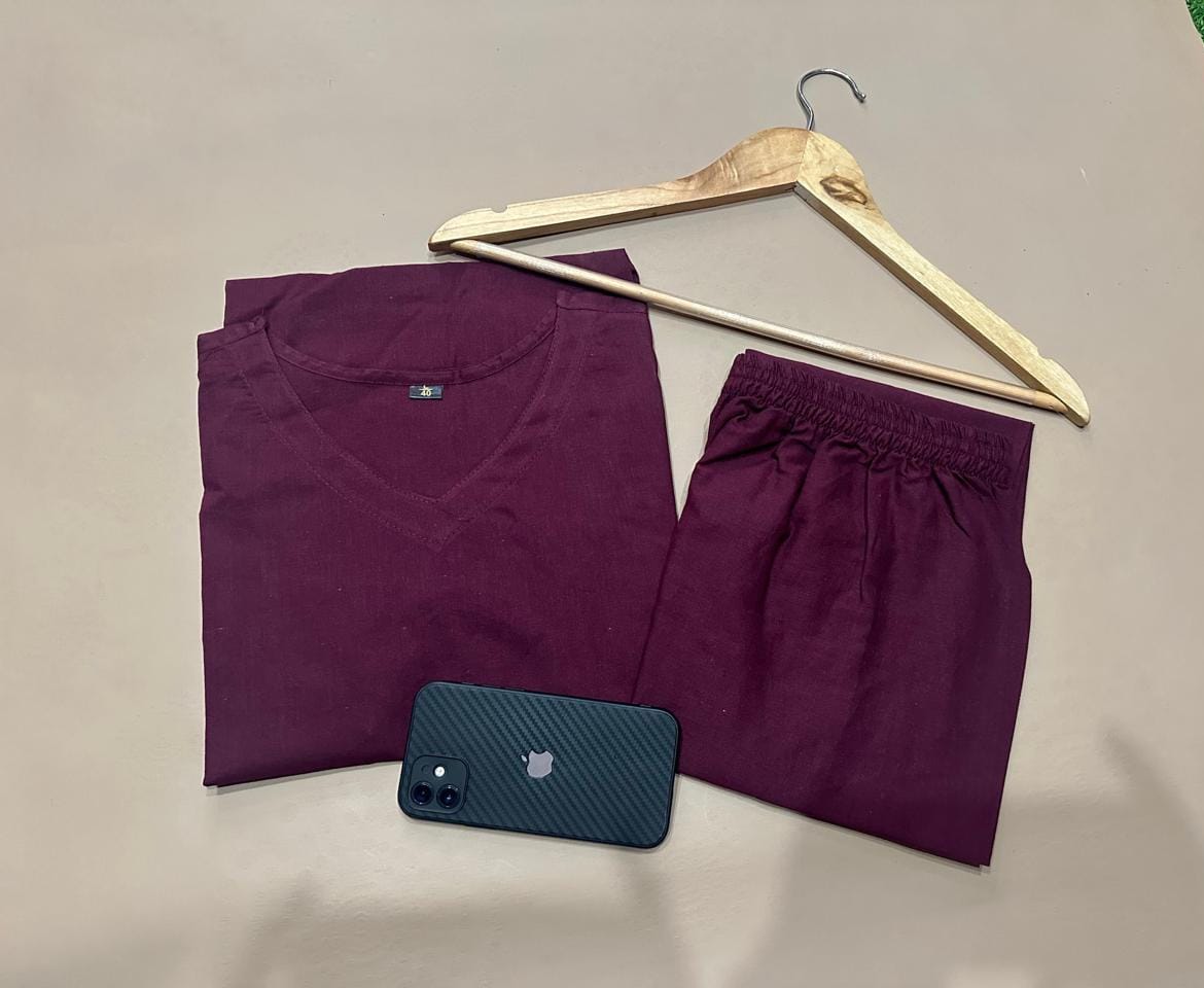 Wine Cotton Kurta Pant Set