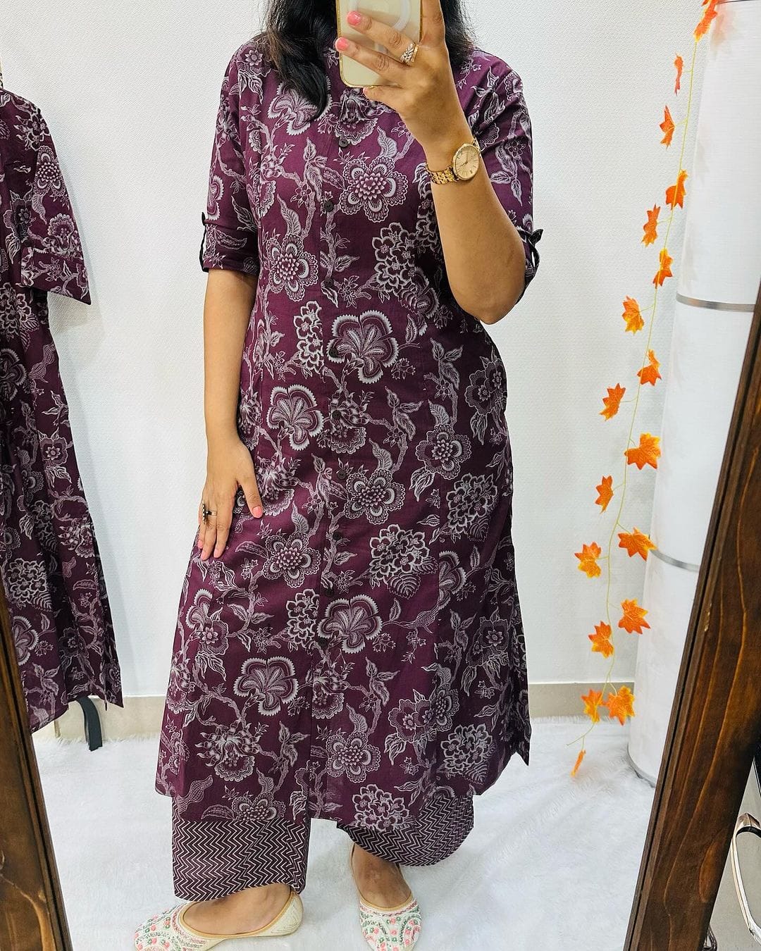 Jaipuri Floral Cotton Wine Co-Ord Set