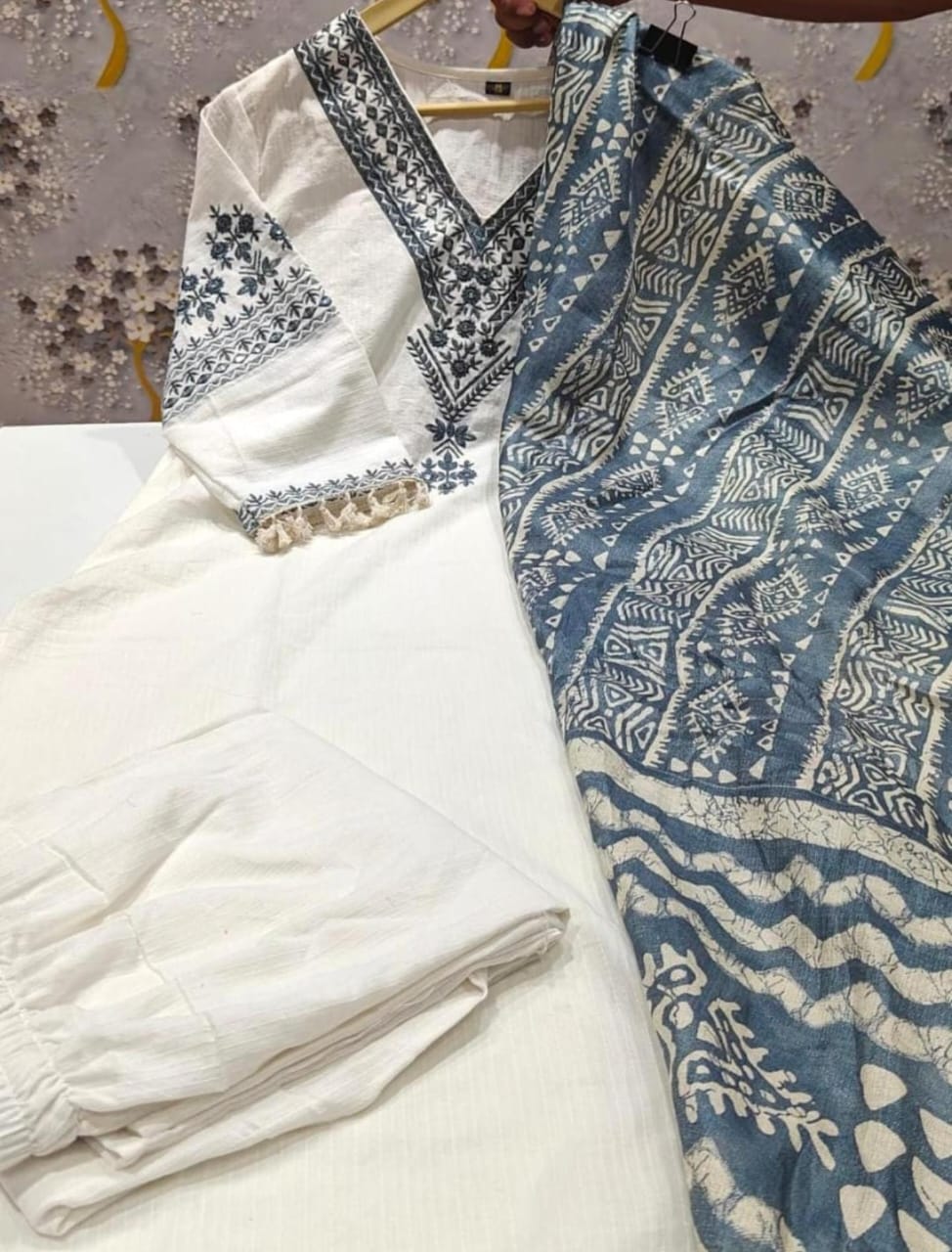 Women Katha Cotton Blue Kurta Pant and Dupatta set