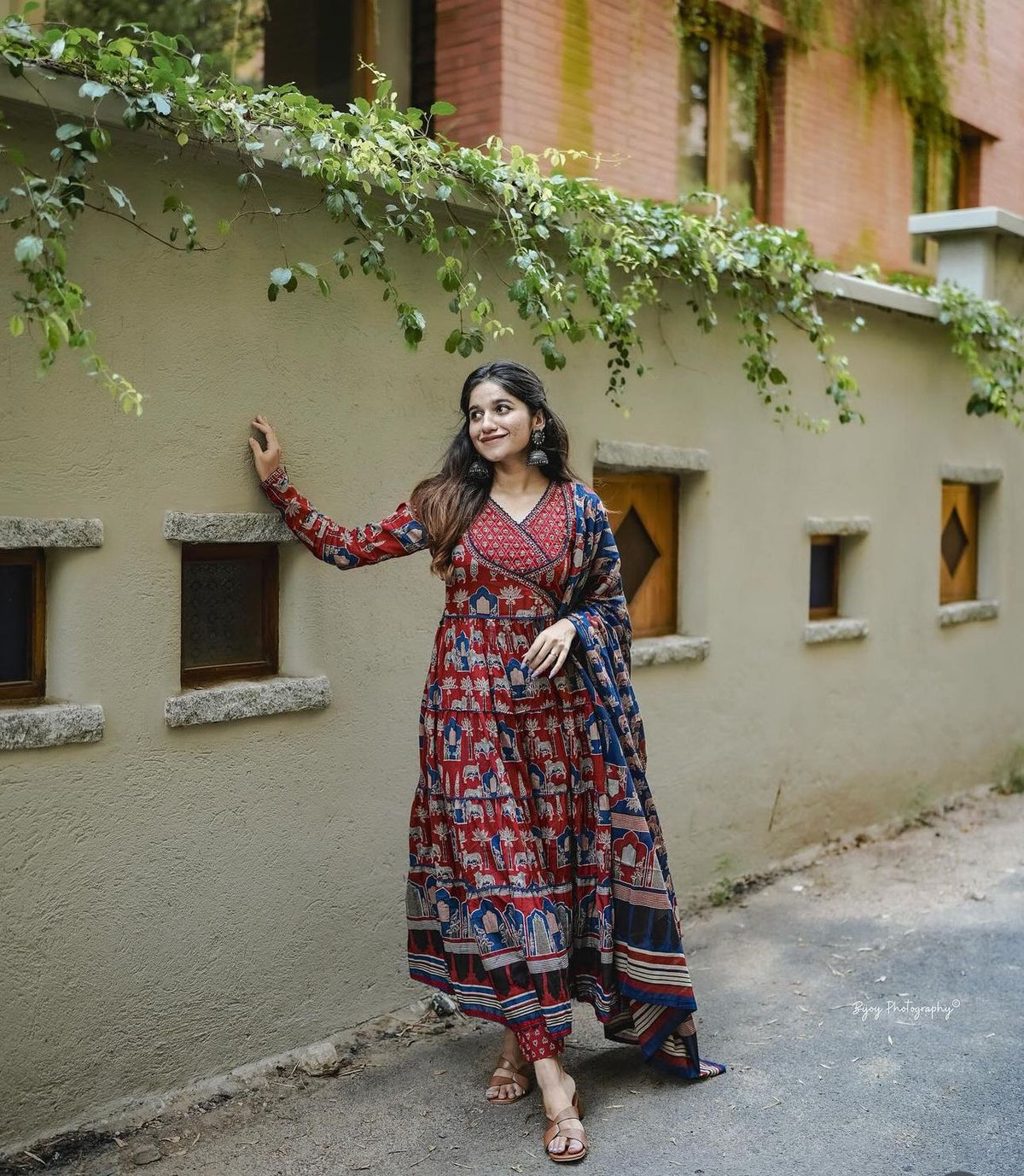 Red Anarkali Kurta set with Angrakha style