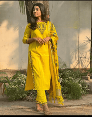 Women Cotton Slub Yellow and Madhubani Print Dupatta set - Tanvi Kurti