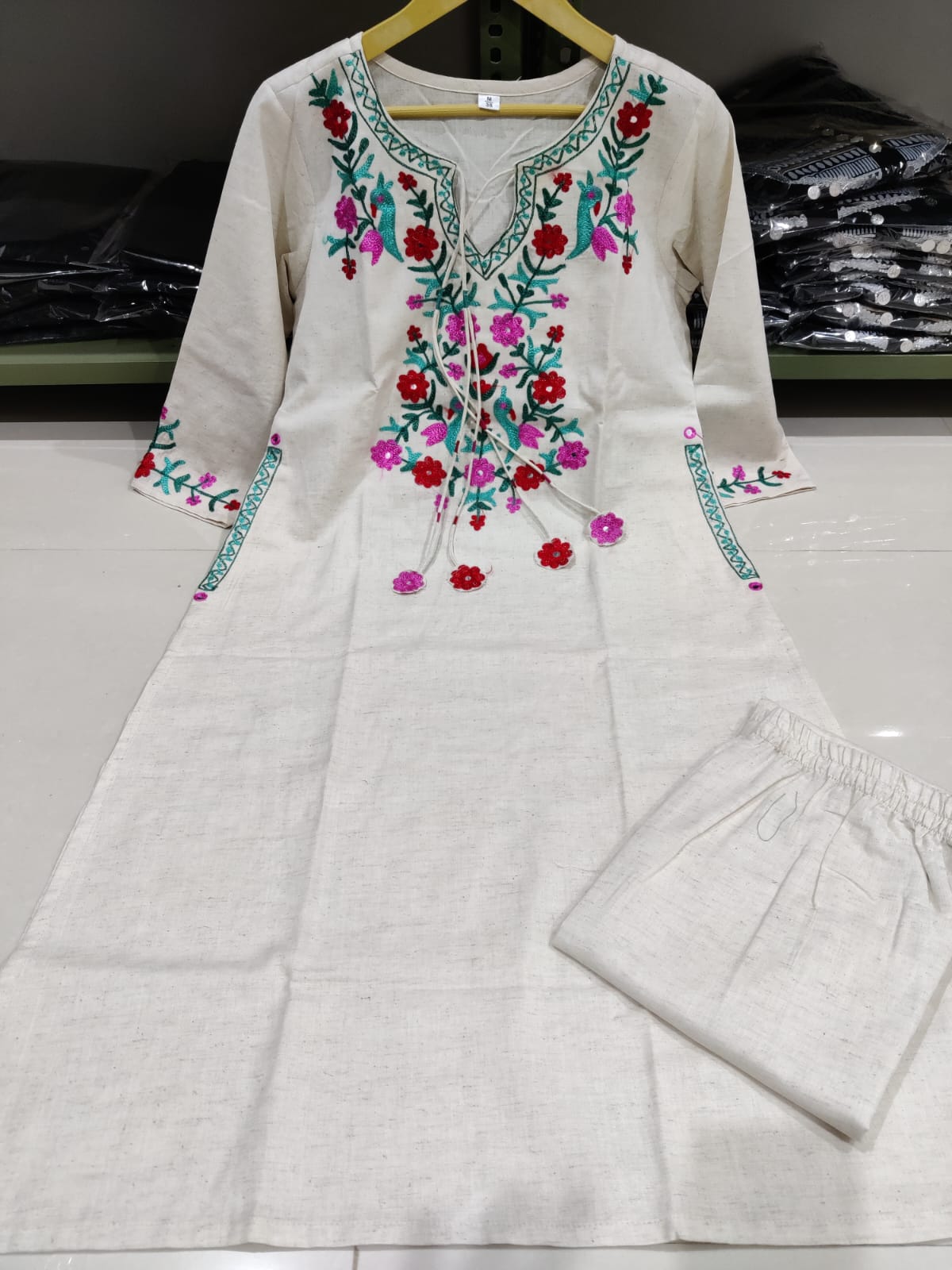 Women Cotton White Front Embroidery Kurta Pant set – Tanvi Kurti