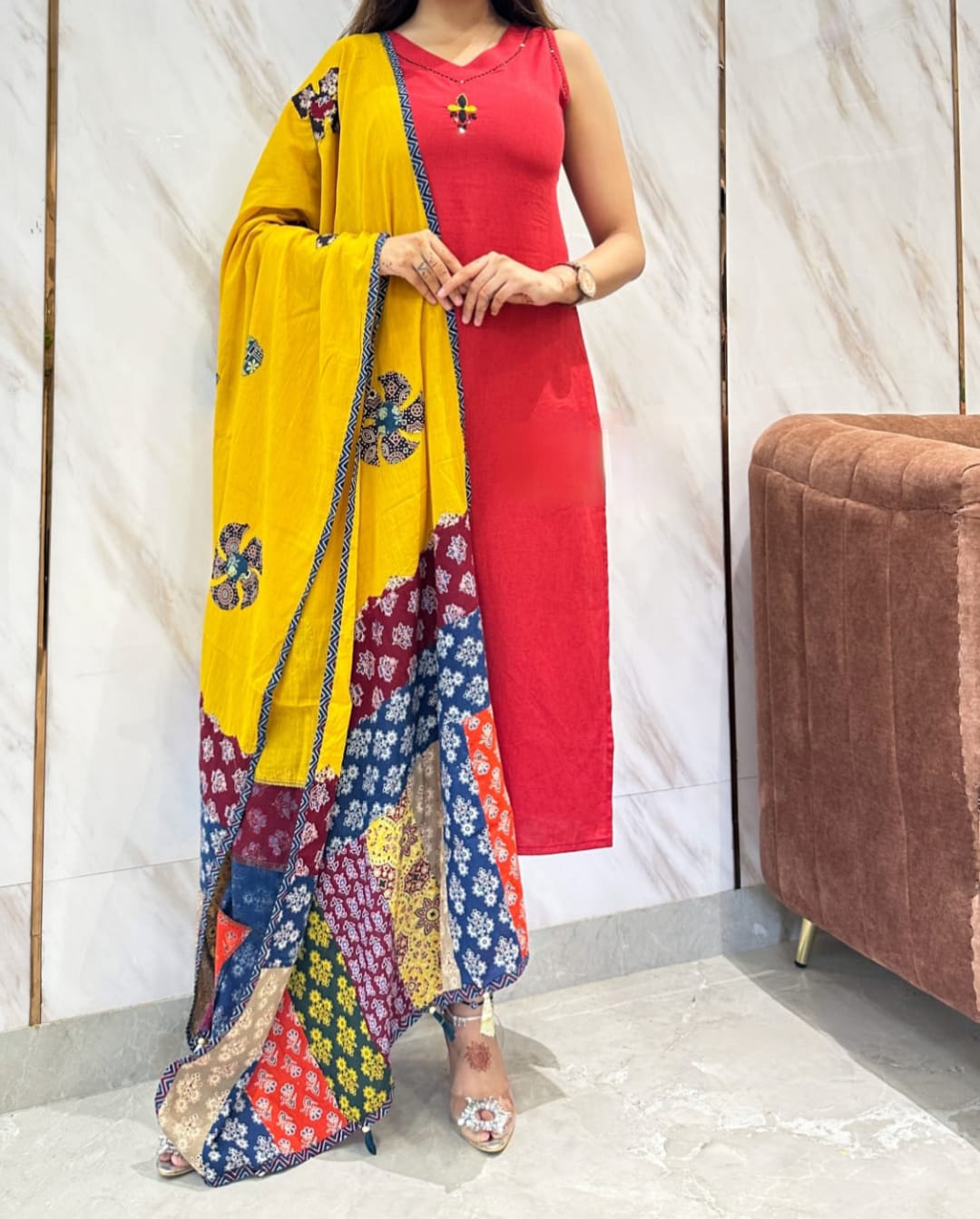 Women Cotton Red Sleeveless Kurta Pant and Dupatta set