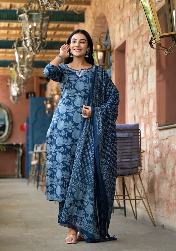 Premium Indigo Cotton Dupatta Set with Heavy Embroidery Work And With Pant