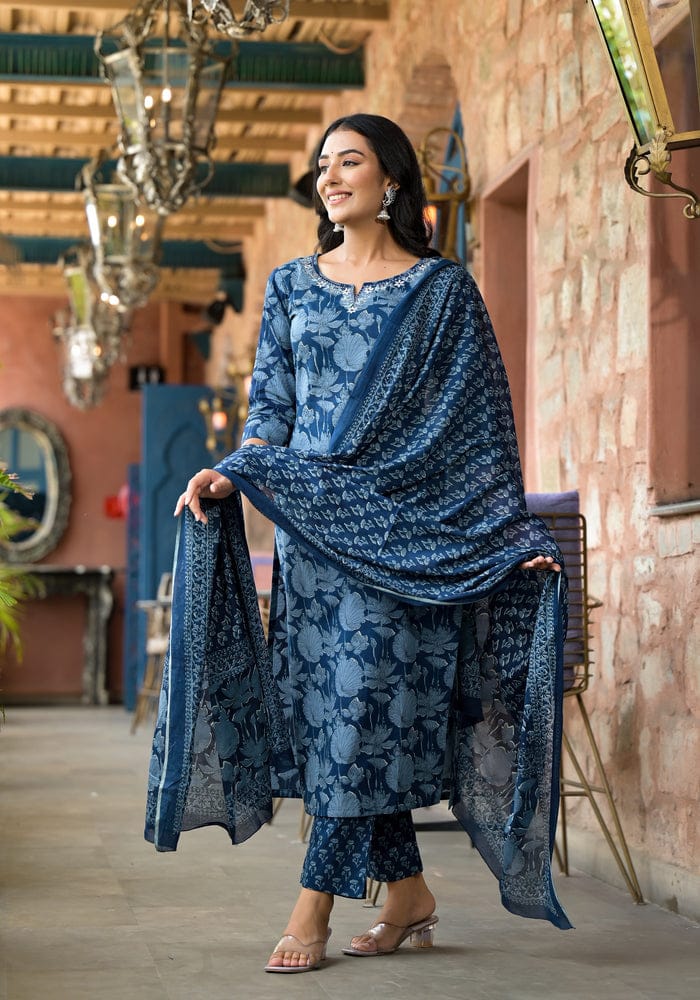 Premium Indigo Cotton Dupatta Set with Heavy Embroidery Work And With Pant