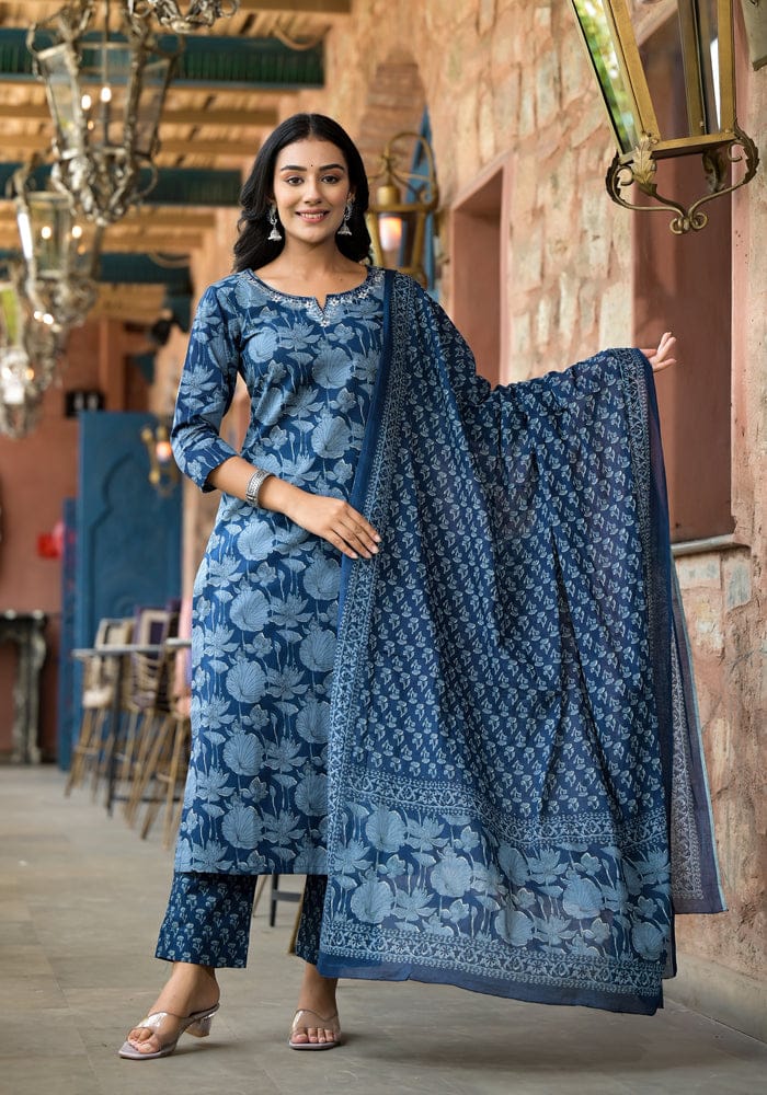 Premium Indigo Cotton Dupatta Set with Heavy Embroidery Work And With Pant