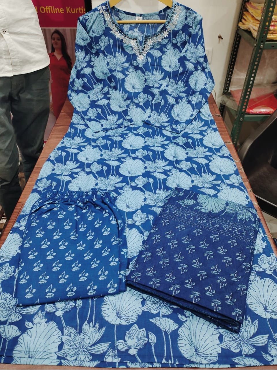 Premium Indigo Cotton Dupatta Set with Heavy Embroidery Work And With Pant