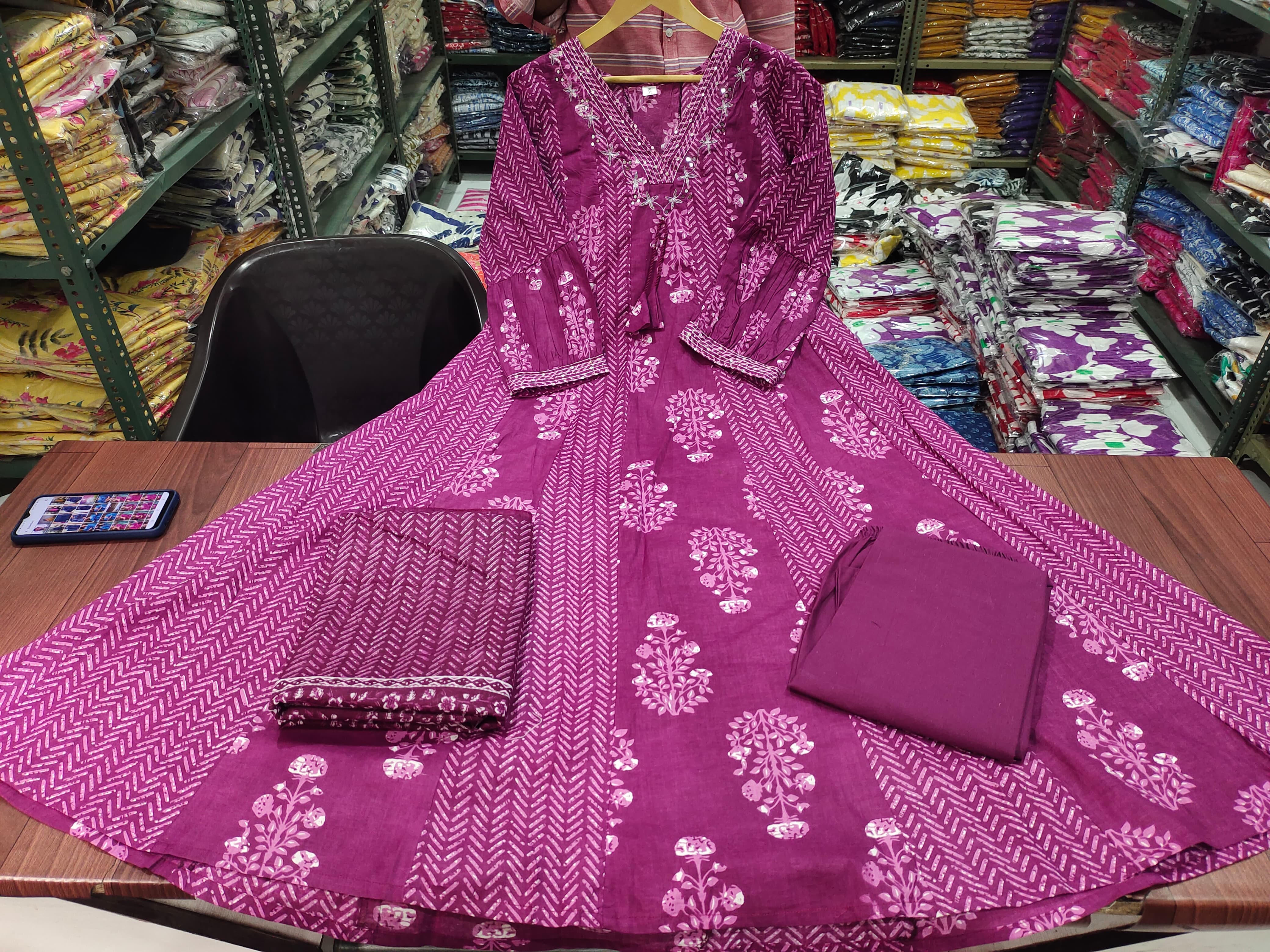 Printed Cotton Anarkali Kurti With Dupatta Set