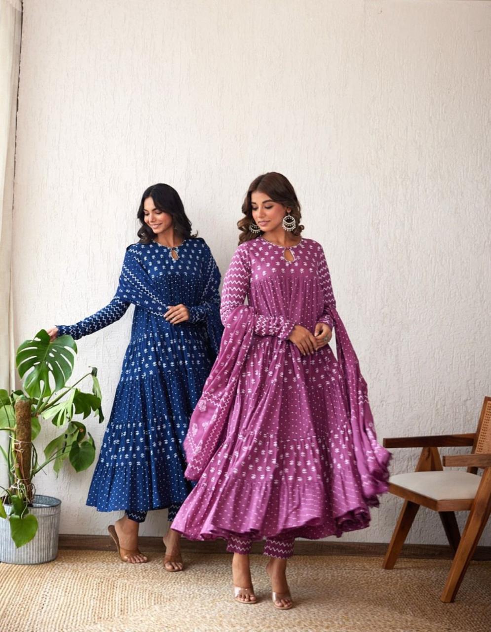 Women's Printed Cotton Kurta & Pant or Dupatta Set Kurti in Full Sleeves