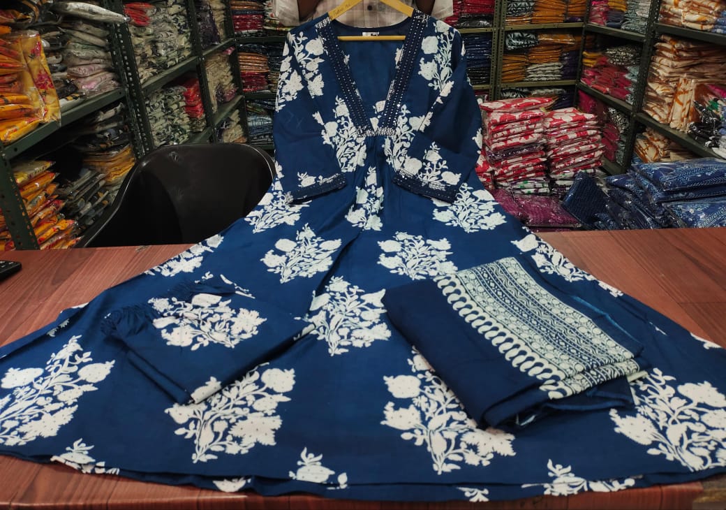 Printed Cotton Anarkali Kurti With Plazo And Mulmul Dupatta