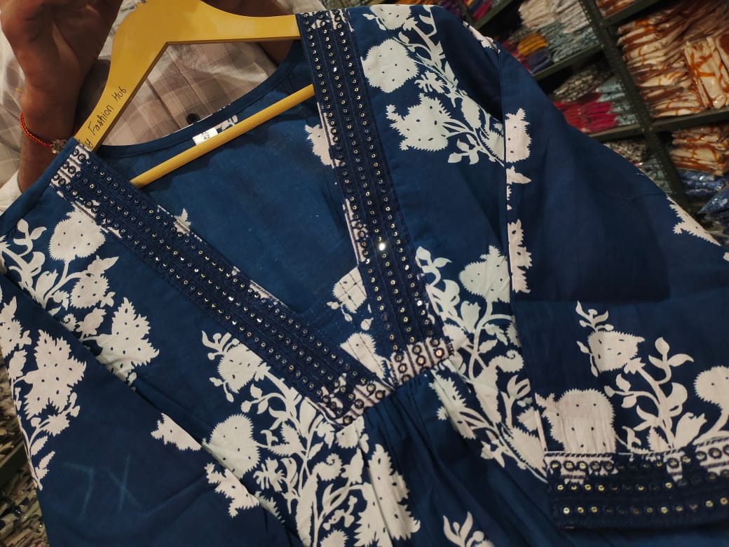 Printed Cotton Anarkali Kurti With Plazo And Mulmul Dupatta