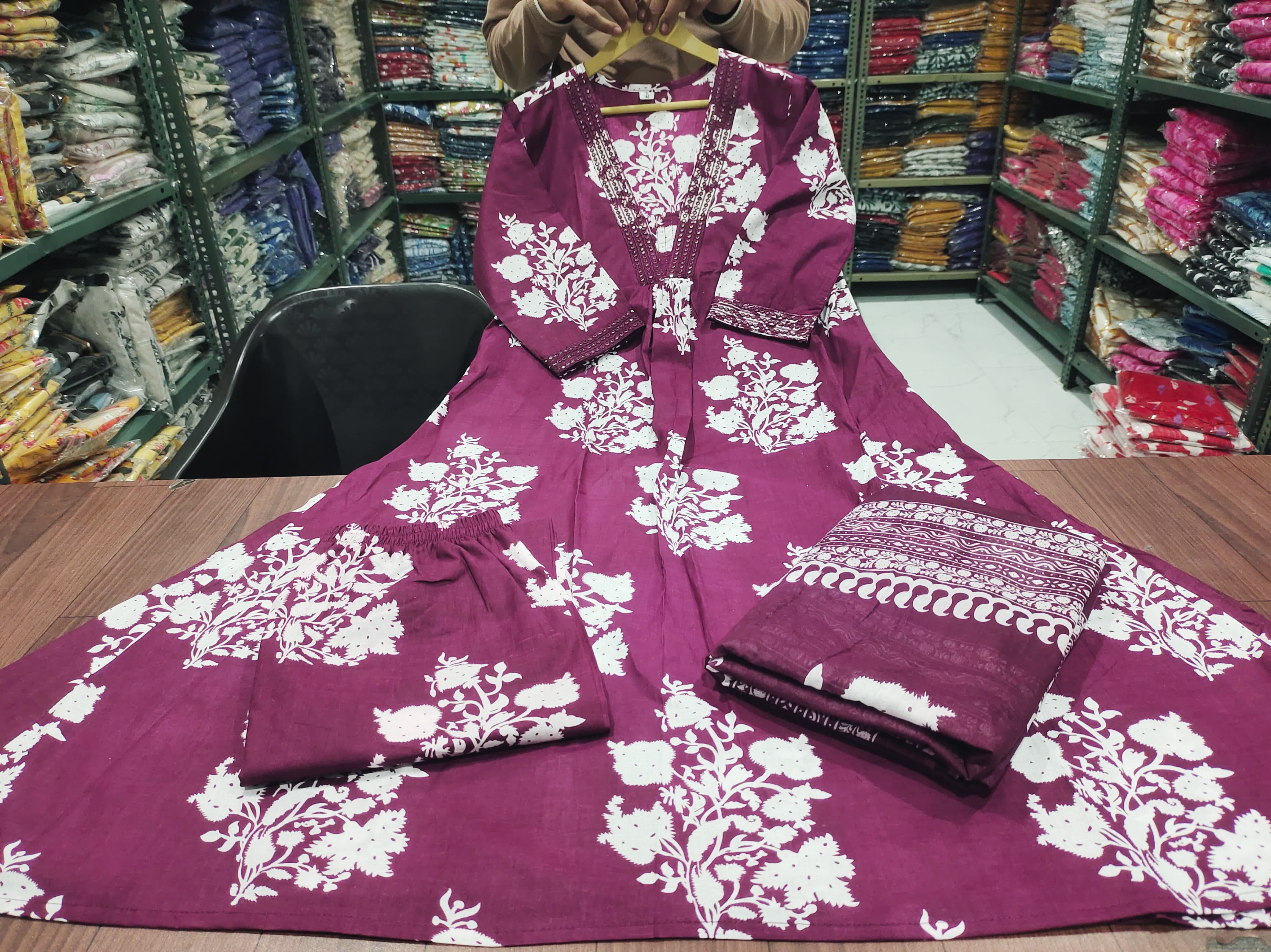 Printed Cotton Anarkali Kurti With Plazo And Mulmul Dupatta