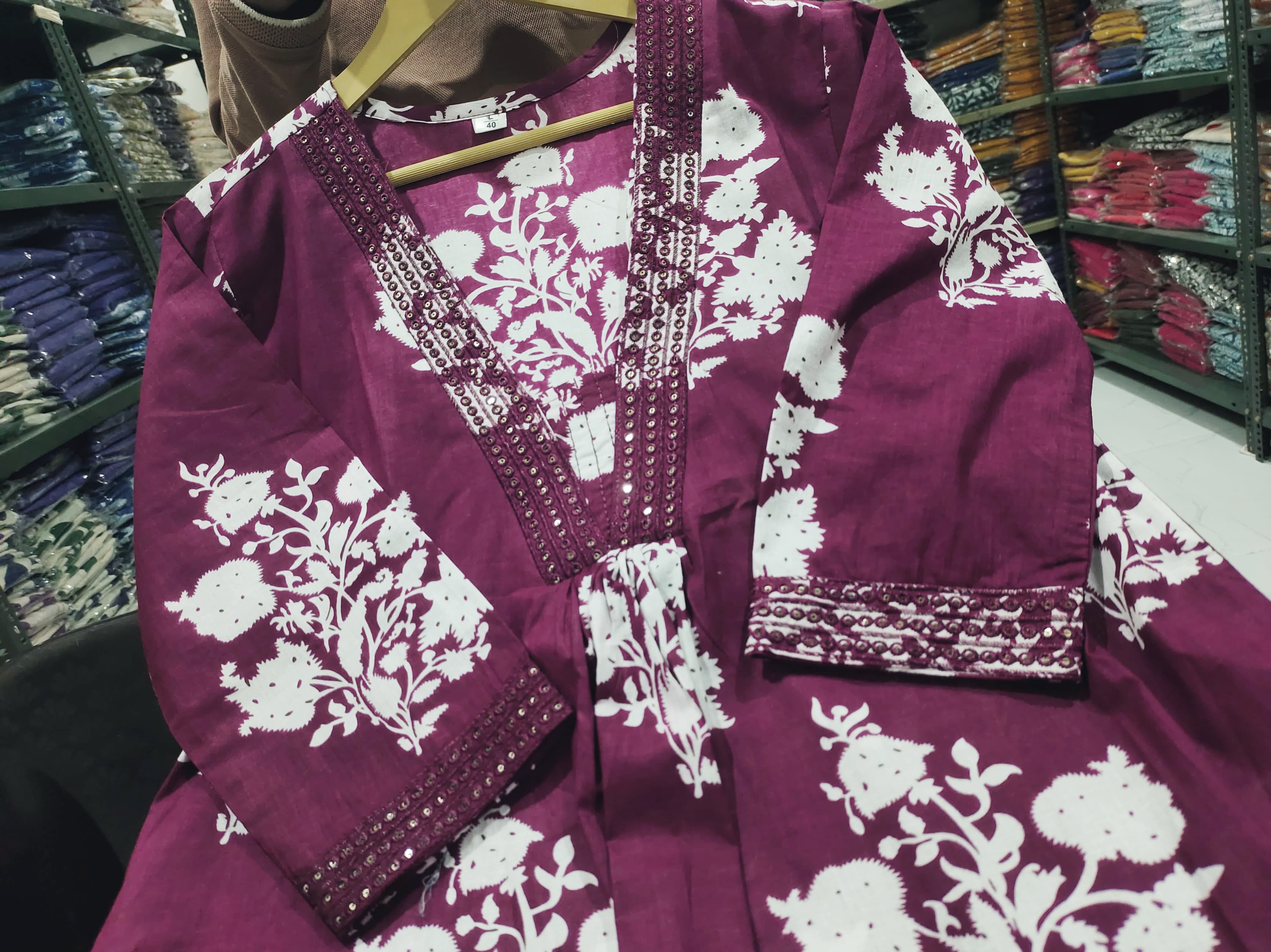 Printed Cotton Anarkali Kurti With Plazo And Mulmul Dupatta