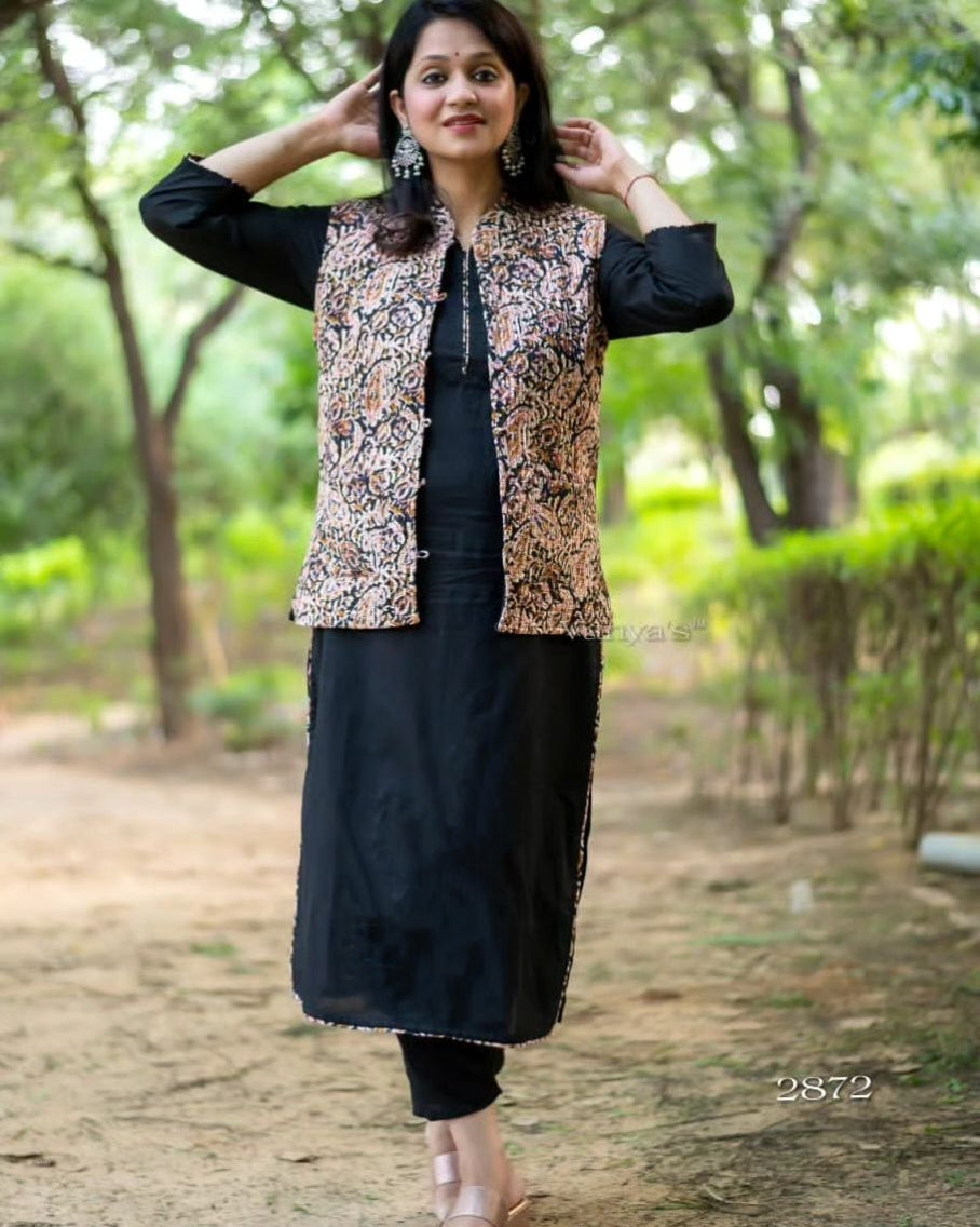 Cotton Kurti Pant Set With Soft Quilted Warm Jacket